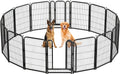 Black-silver metal dog playpen with 16 panels arranged in an octagon
