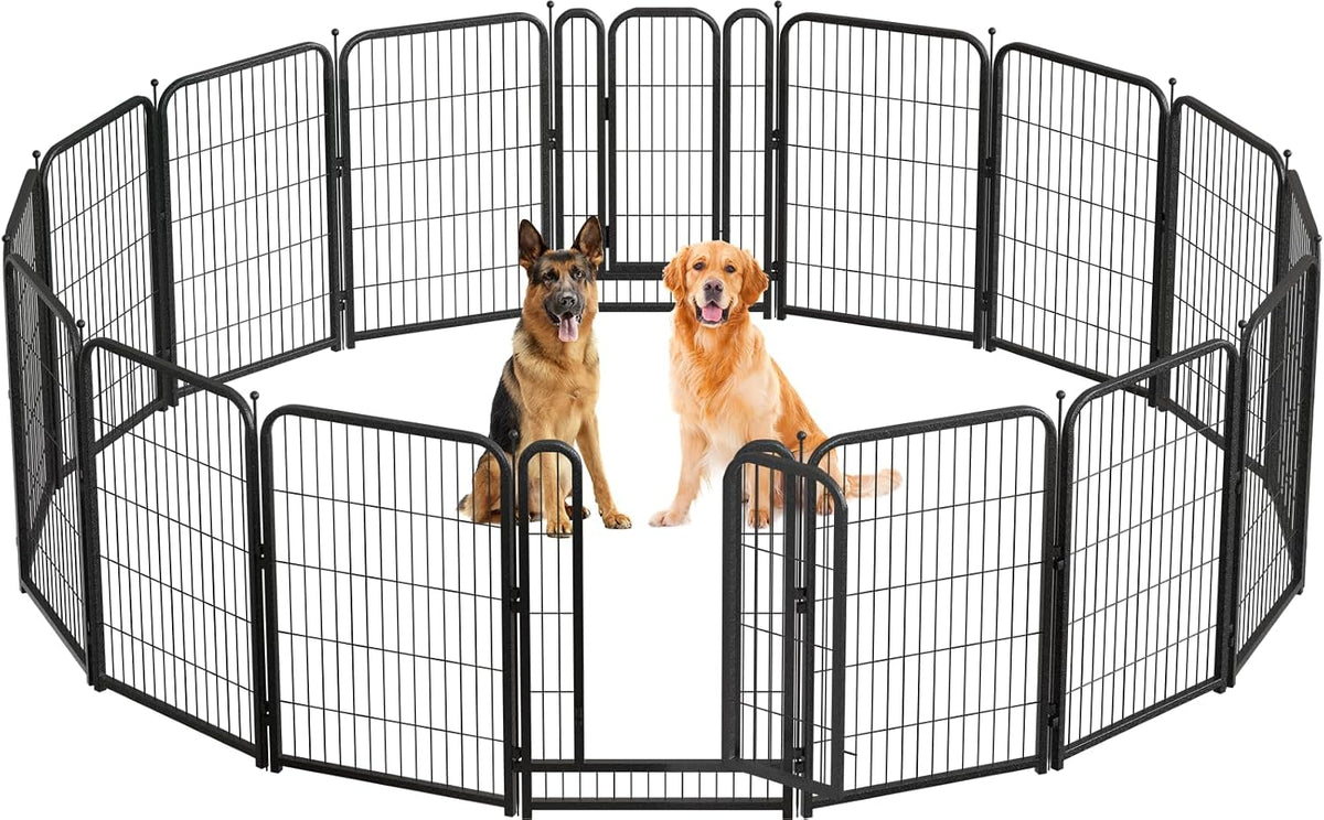 Black-silver metal dog playpen with 16 panels arranged in an octagon
