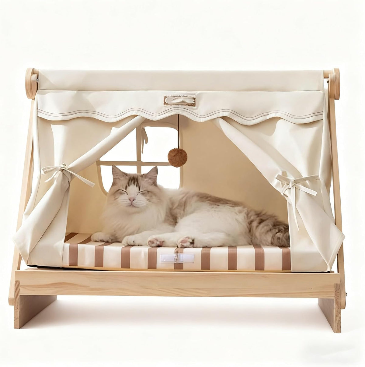 Pine A-frame elevated cat tent bed with fabric cover and memory foam cushion
