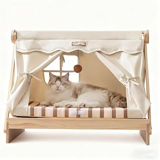 Cat House Bed Tent with Elevated Platform, Thick Memory Foam, Wood Structure and Washable Fabric Cover