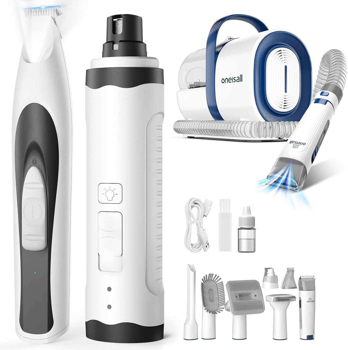 Dog grooming vacuum with hose, cordless clipper, paw trimmer and nail grinder