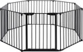 Black 8-panel metal gate arranged around a fireplace