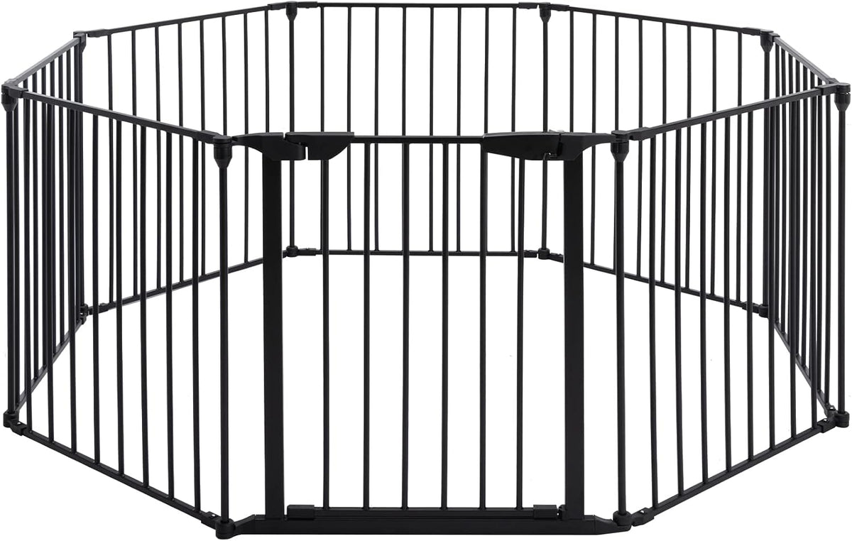 Black 8-panel metal gate arranged around a fireplace