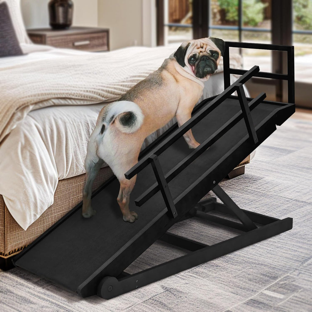 Foldable wooden dog ramp with railings leading up to a couch – view 6