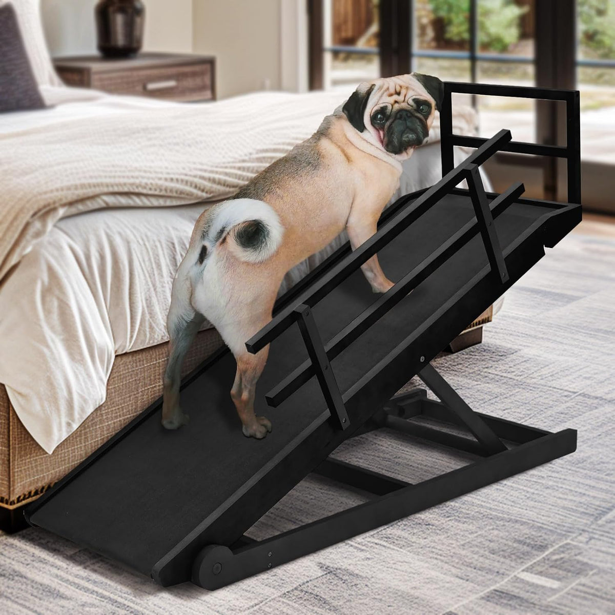 Foldable wooden dog ramp with railings leading up to a couch – view 6
