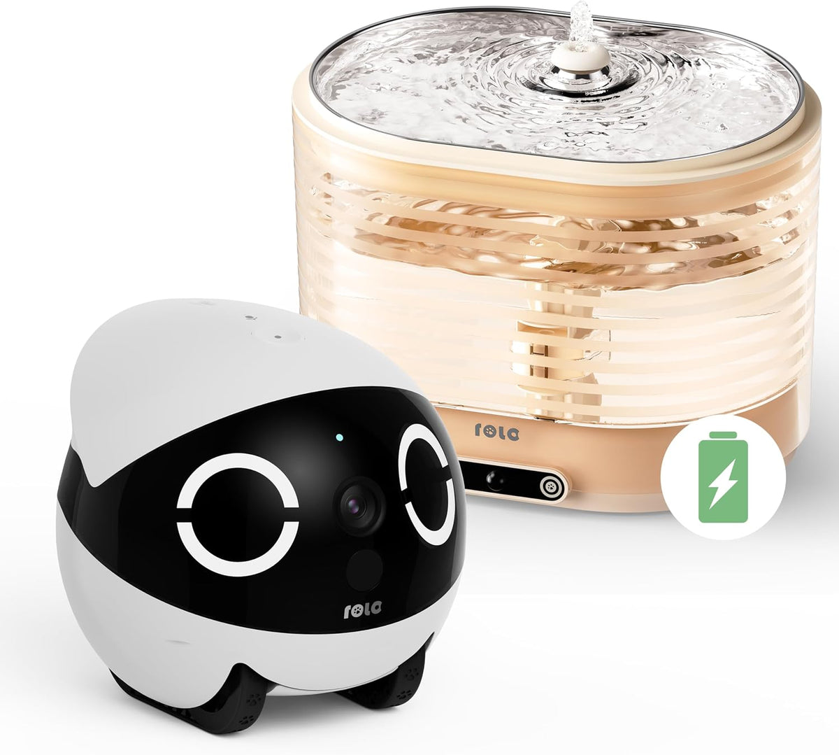 Small rolling 2K pet camera robot beside a smart cat water fountain