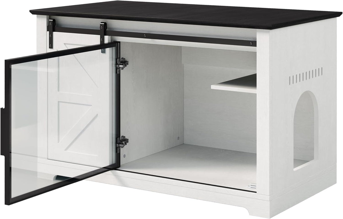 White farmhouse litter box enclosure with acrylic doors and cat stairs – view 2
