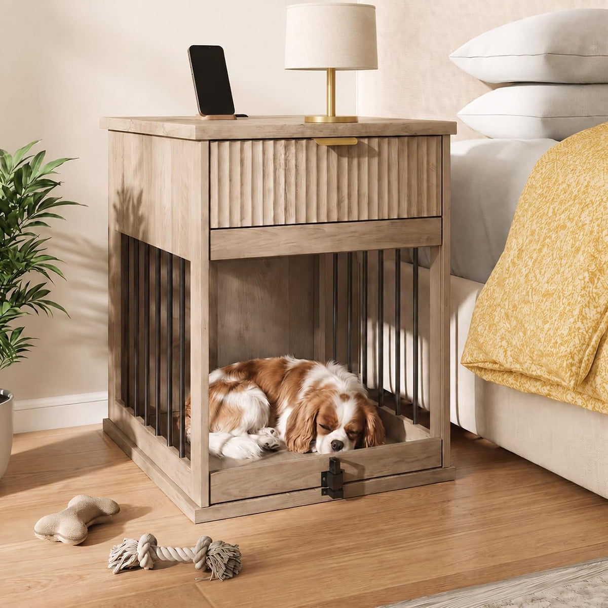 Walnut wooden dog crate end table with charging station and drawer – view 2