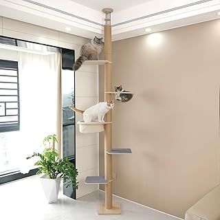 Tall Floor-to-Ceiling Cat Tower, Adjustable Height 60-122 Inch, 5-Tier with Transparent Pod, Plush Perches and Extra-Large