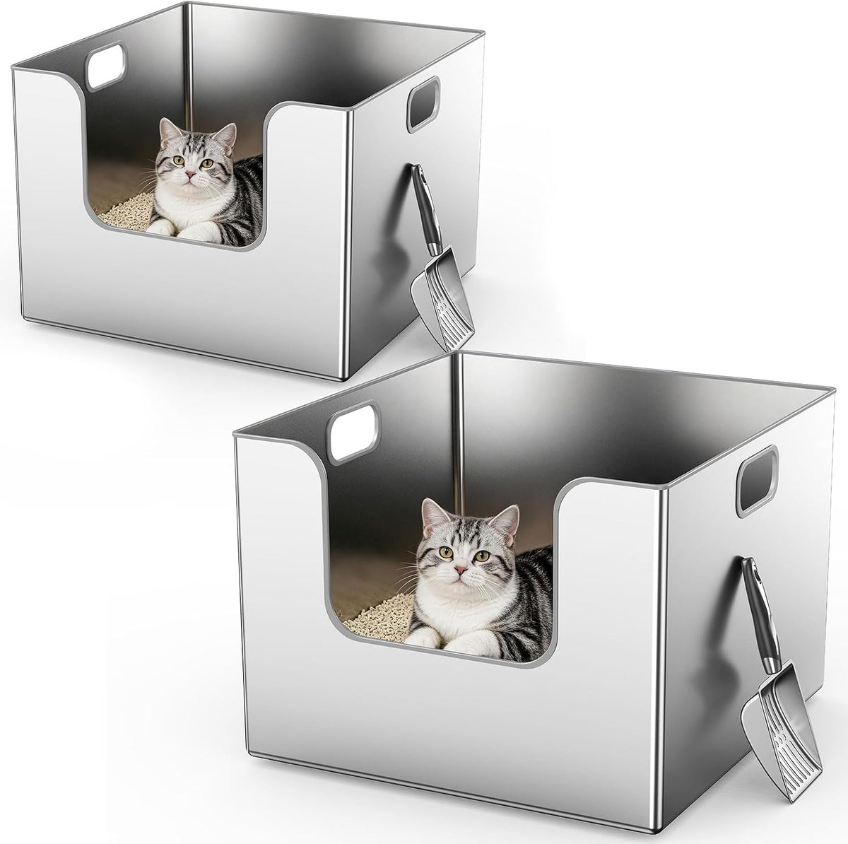 Stainless steel high-sided cat litter box with low front entry – view 2