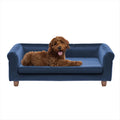 Navy faux velvet rectangular elevated dog sofa with plush cushion