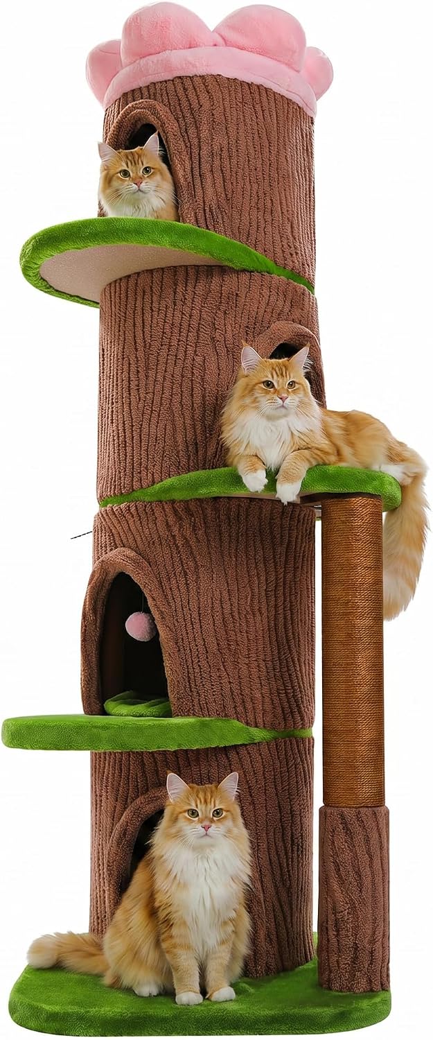 Brown tree-shaped cat tower with condos and flower top bed