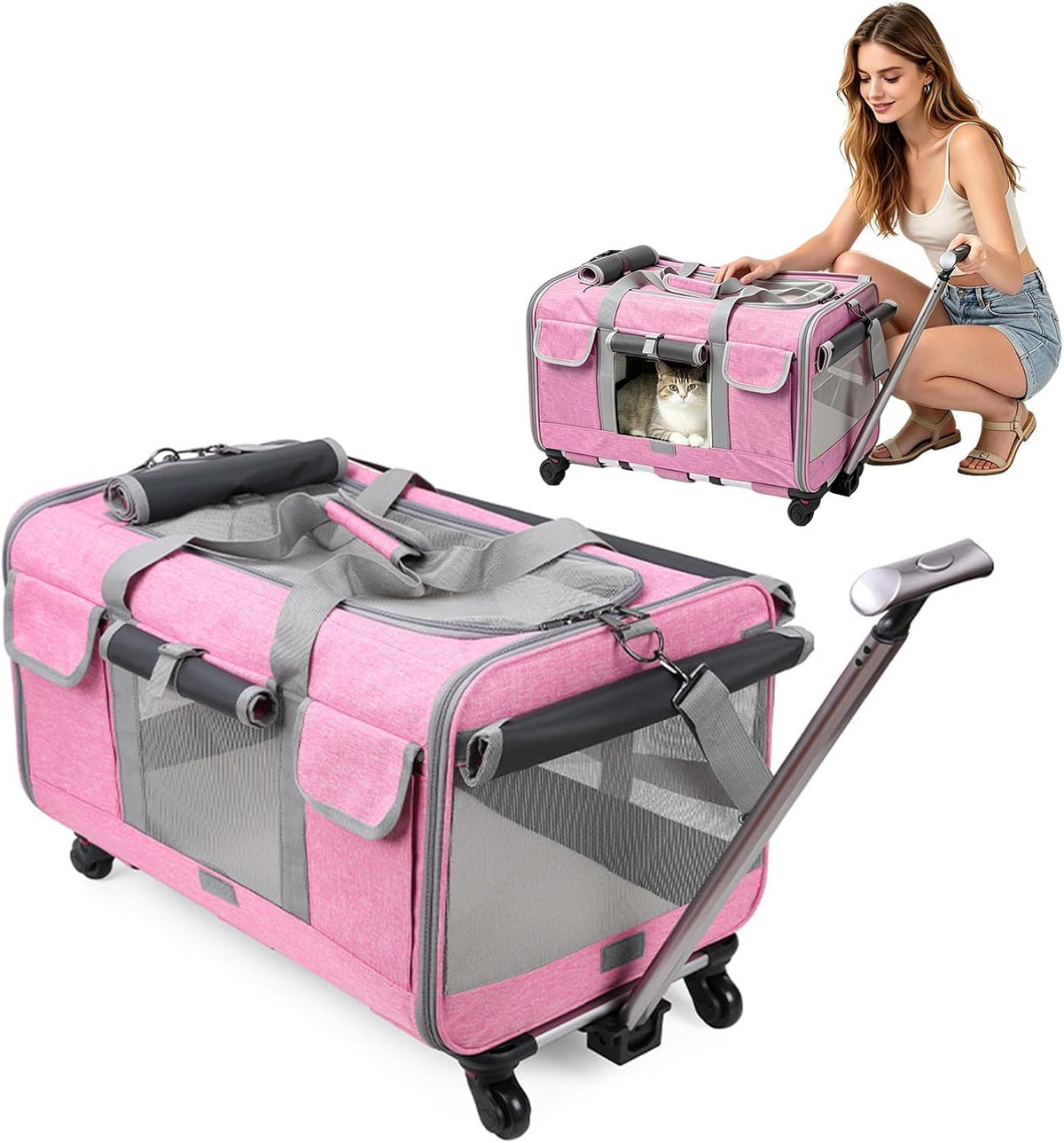 Rolling pet carrier with wheels, telescopic handle and shoulder strap – view 4