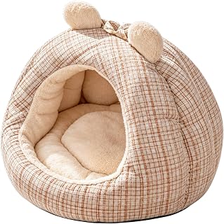 Plaid Dome Cat Bed with Bear Ears, Cozy Enclosed with Removable Inner Pad for Sleeping, Size L