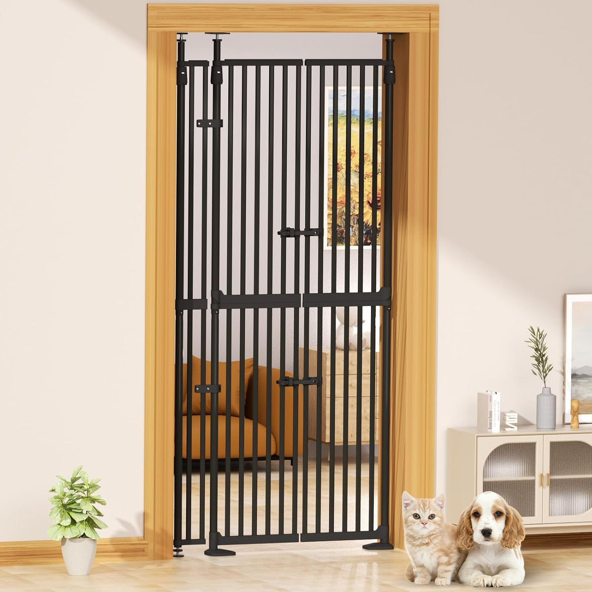 Extra tall black pressure mounted pet gate with small cat door