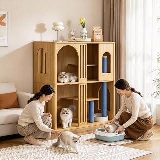31.5-Inch Light Wood Cat Litter Cabinet with Cat Tree, Hidden Litter Box Furniture with Dual Doors and Storage Shelves
