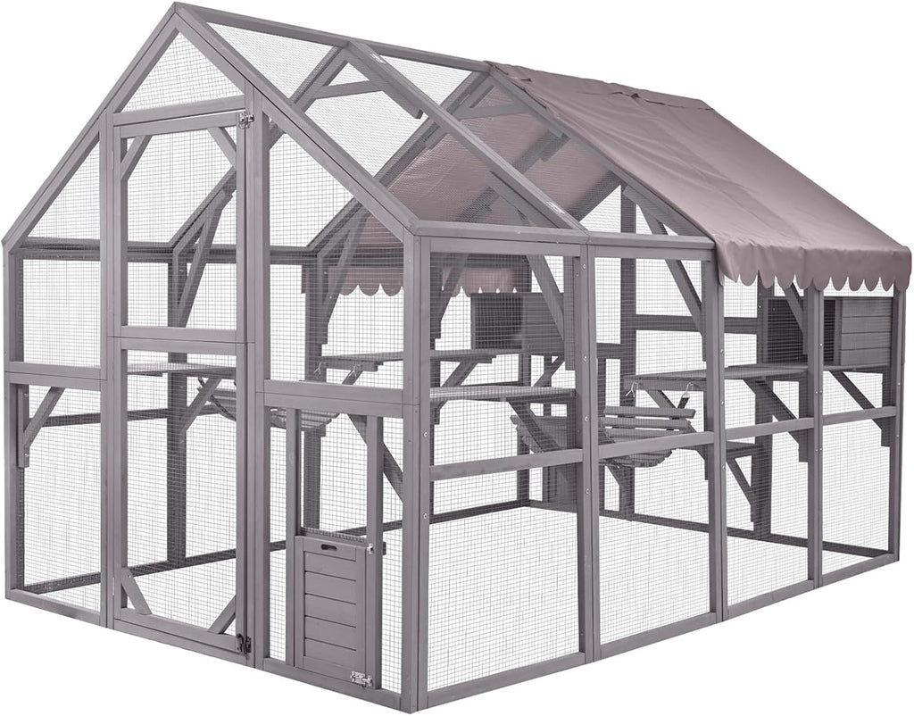 Black mobile catio enclosure on wheels with hammock and tarp roof – view 2