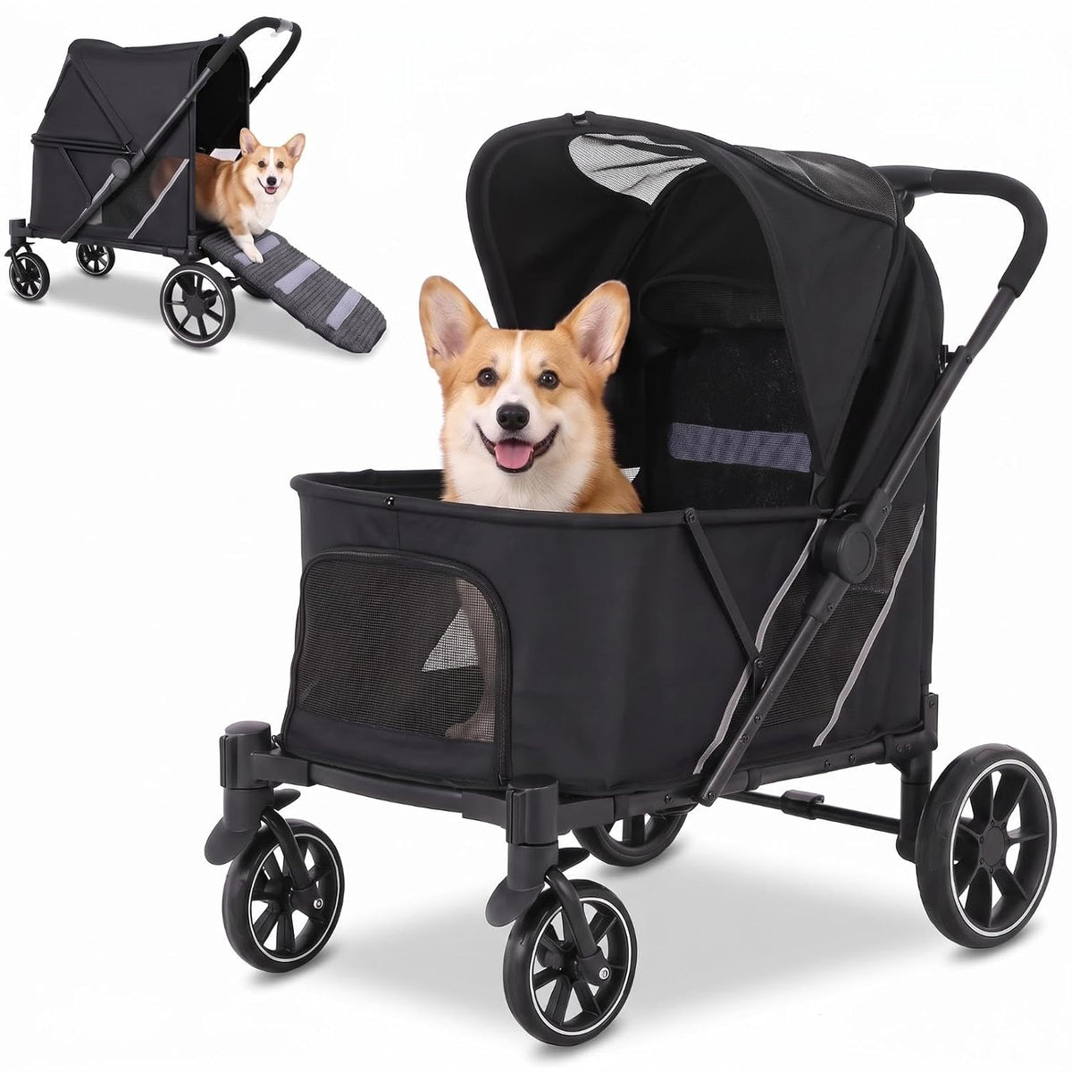 Foldable dog stroller with a non-slip boarding ramp lowered