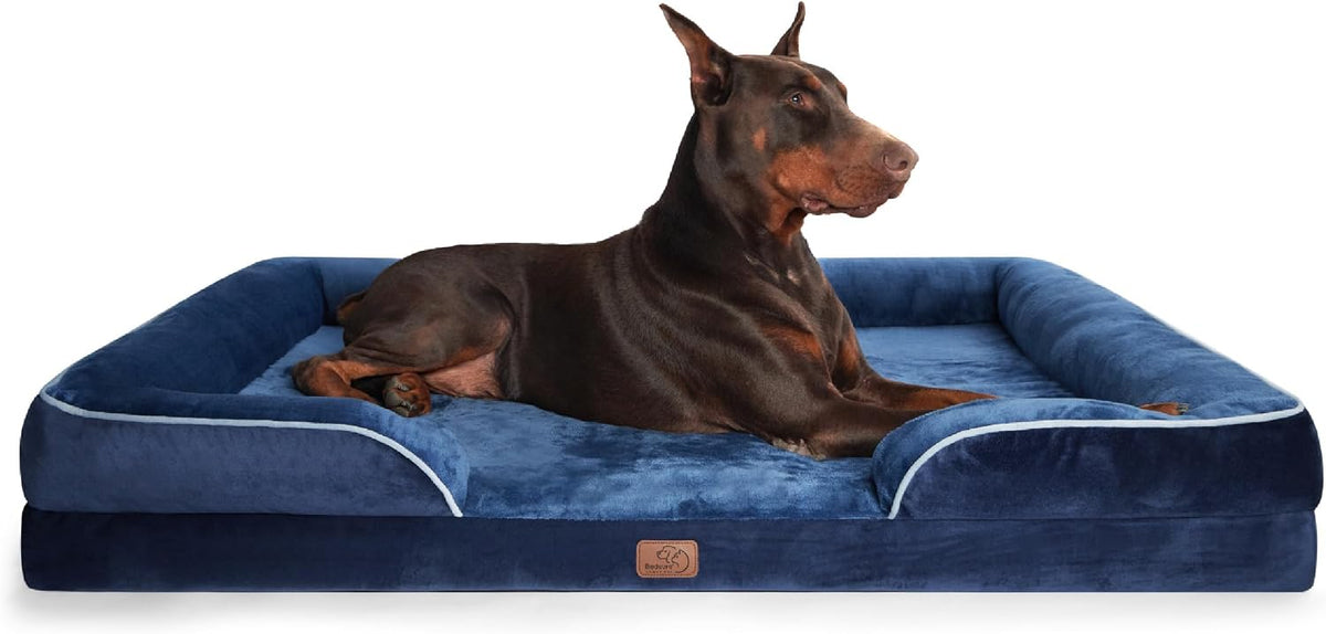 Navy XXL orthopedic dog couch bed with bolster sides