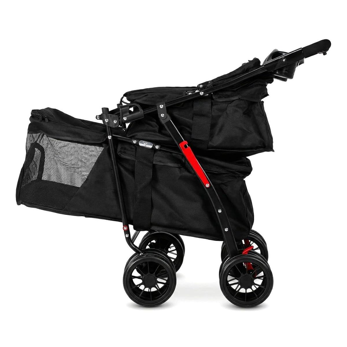 Black two-level double pet stroller with mesh front and canopy – view 2