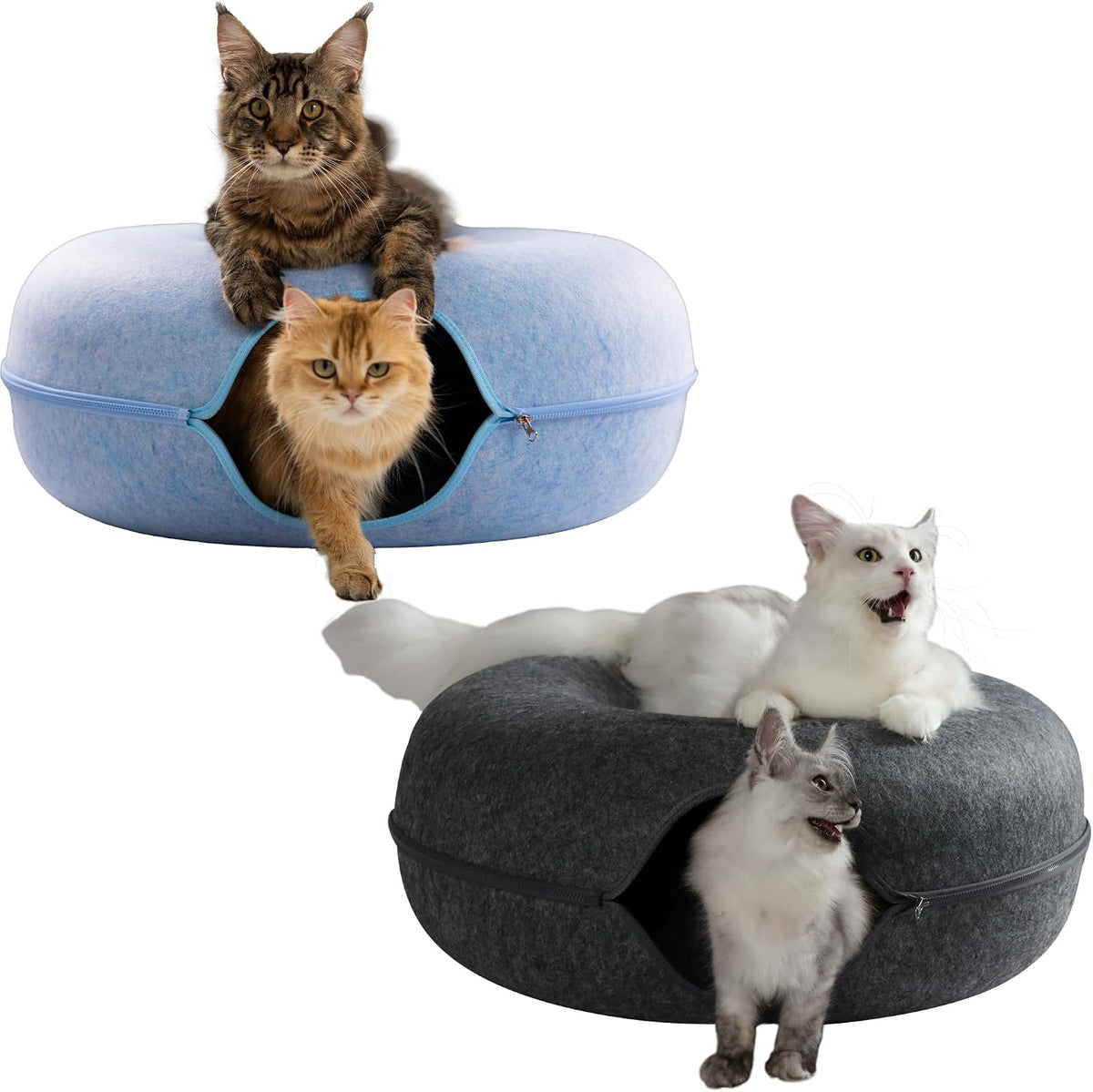 Blue and dark gray jumbo felt cat caves with tunnel and donut bed