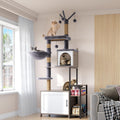 Gray cat tree with food station, litter box enclosure and hammock