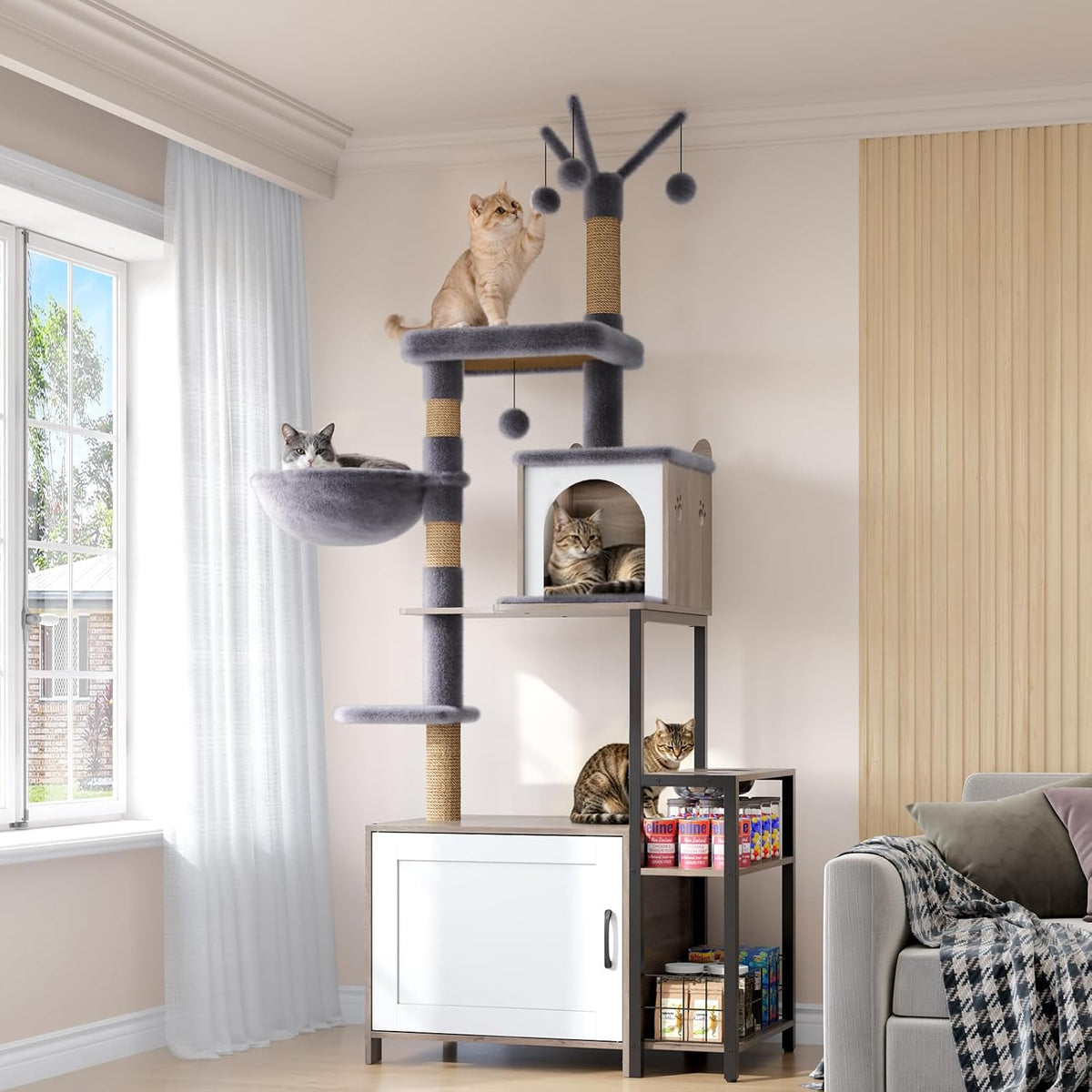 Gray cat tree with food station, litter box enclosure and hammock