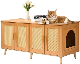 VEVOR Cat Litter Box Enclosure for 2 Cats, Hidden Furniture with Rattan Decorated Doors, 47.2 x 19.7 x 21.7 Inch, Natural