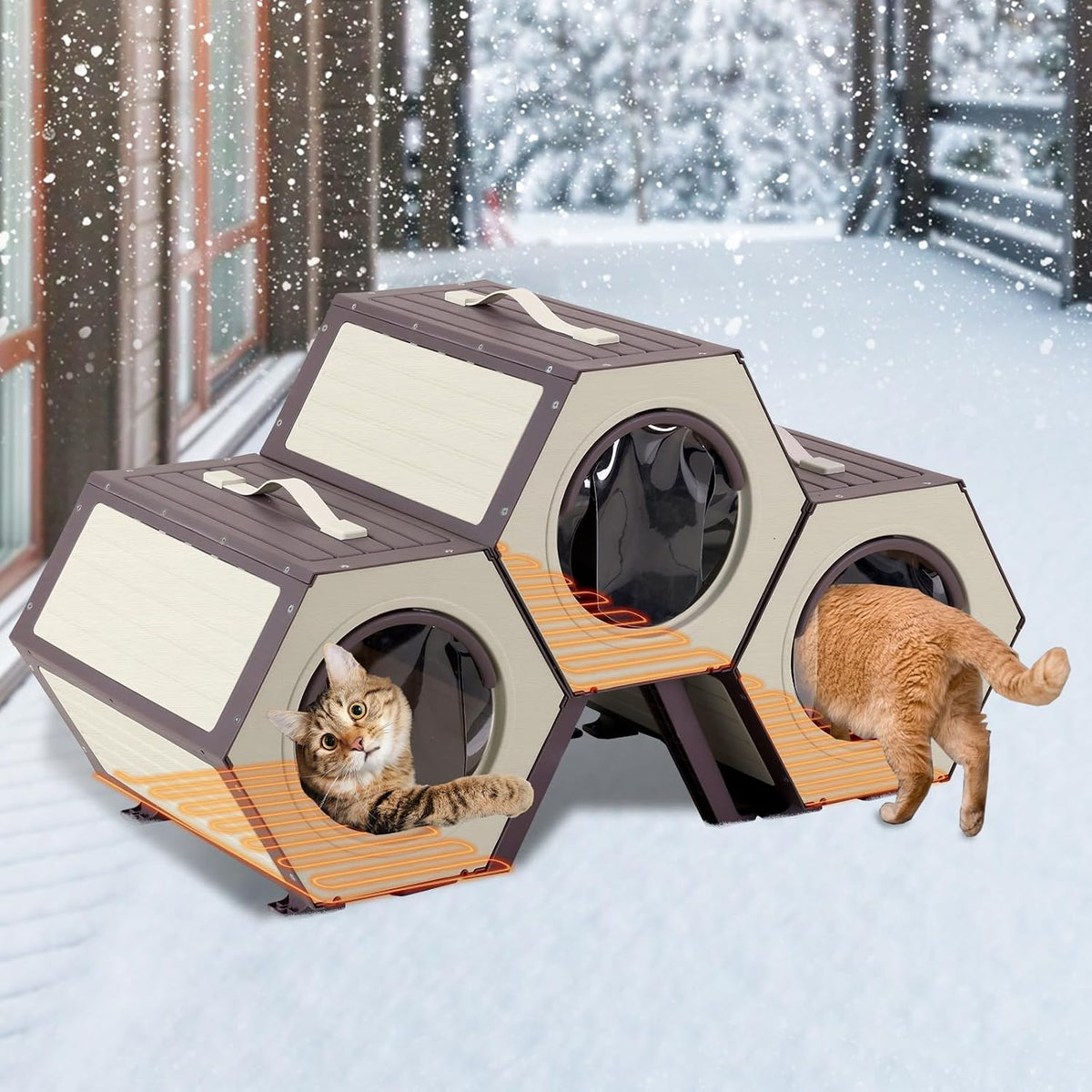 Off-white hexagonal heated outdoor cat shelter with wood-grain finish – view 2