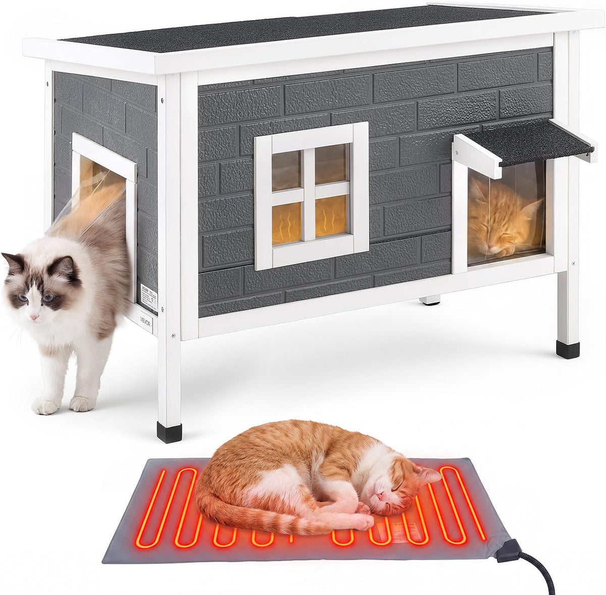Elevated wooden outdoor cat house with asphalt roof, PVC curtain door and heating pad