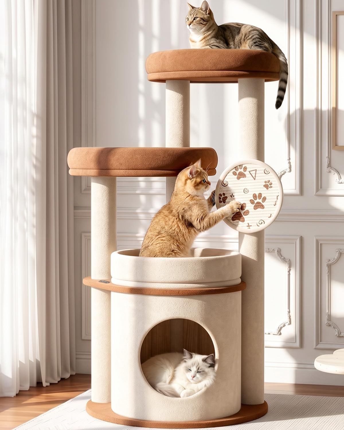 Sage green velvet-wrapped cat tree with round base – view 2
