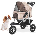 Tan three-wheel jogging pet stroller with storage basket