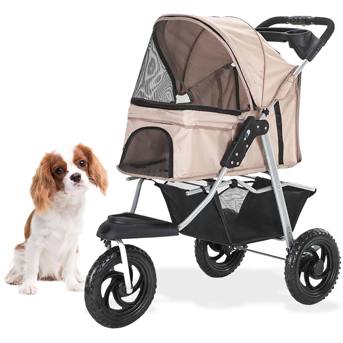 Tan three-wheel jogging pet stroller with storage basket