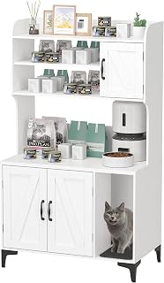 Modern Cat Litter Box Enclosure with 4-Tier Storage Shelves, 2 Cabinets and Doors, Gray