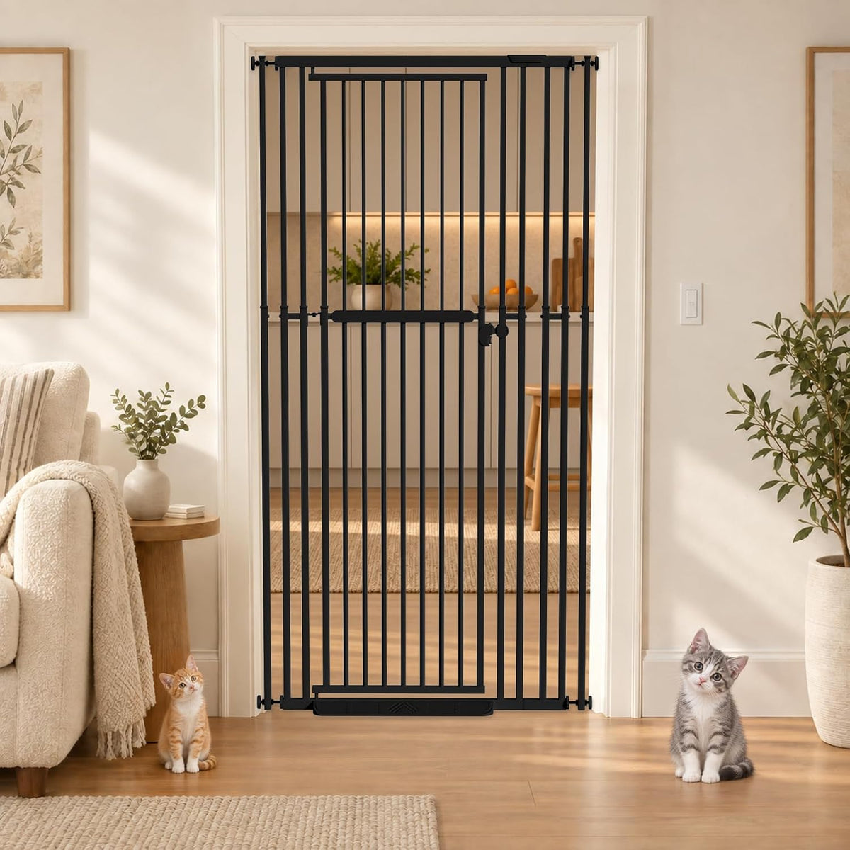 Extra tall black pressure-mounted cat gate fitted in an indoor doorway