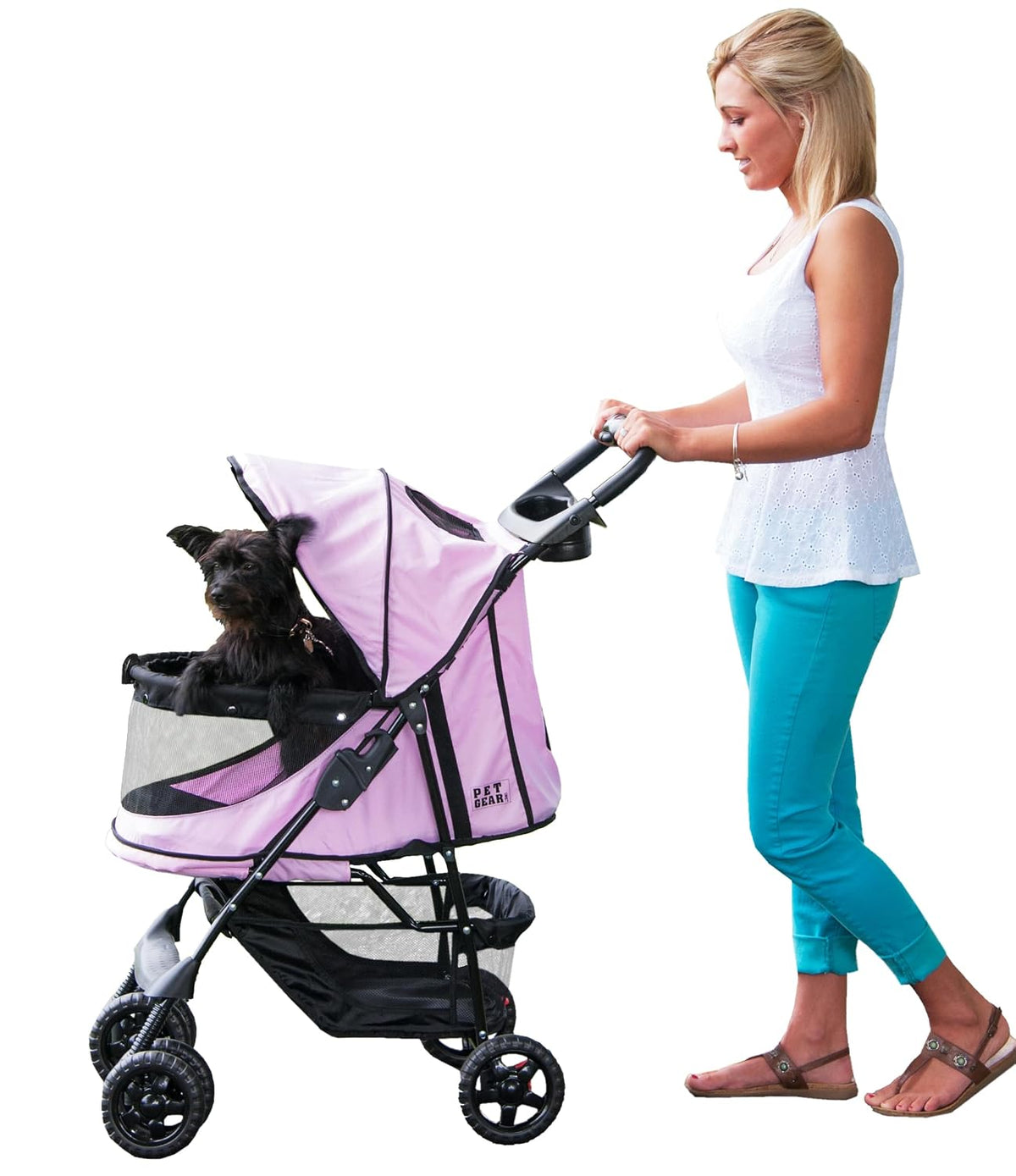 Pink diamond zipperless pet stroller with latch closure