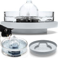 All-glass cat water fountain on a light grey raised stand
