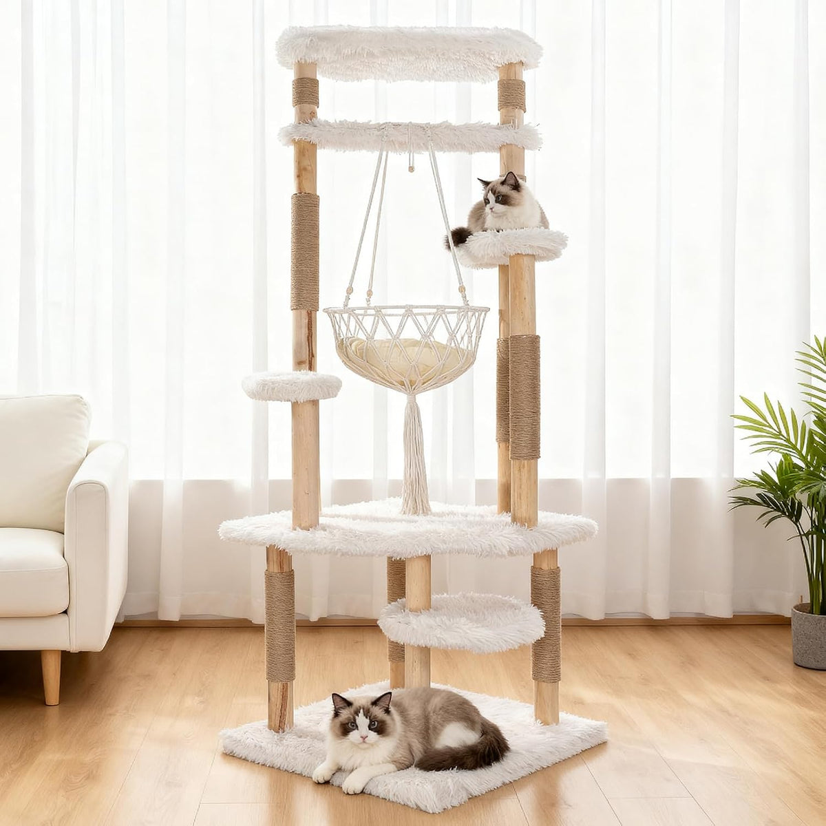 Tall 70 inch natural solid wood multi-level cat tree