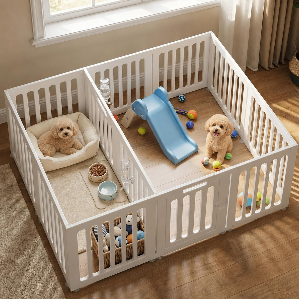Twelve-panel indoor puppy playpen with door in a living room
