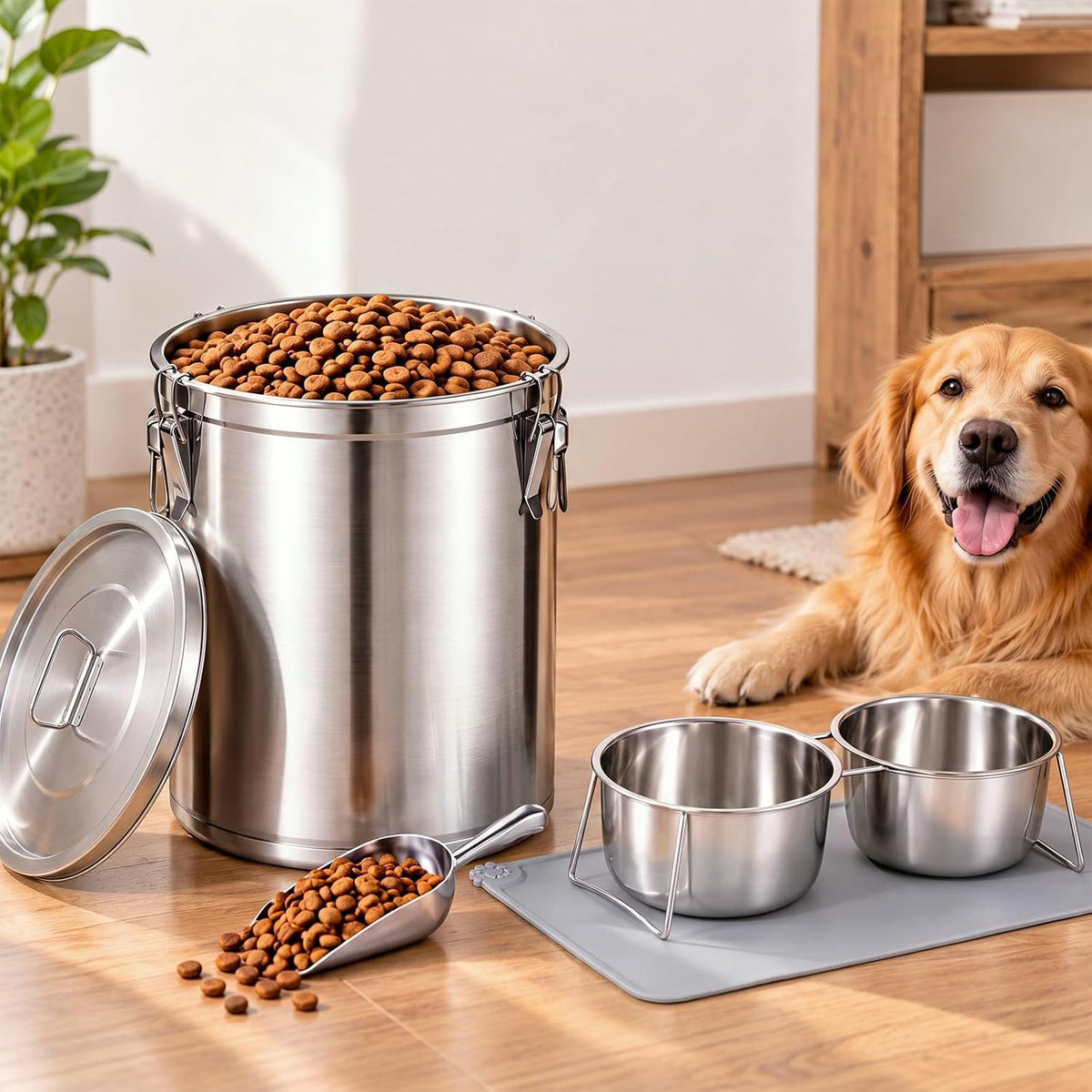Stainless steel dog food storage container with scoop, double bowls and gray silicone mat
