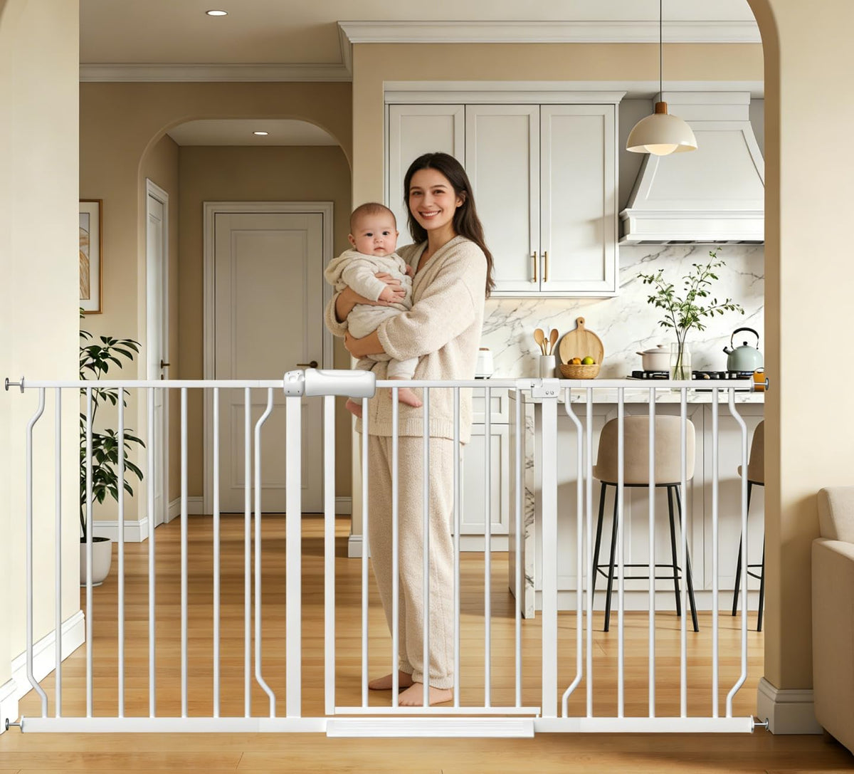 Extra wide pressure mounted walk-through dog gate across a doorway