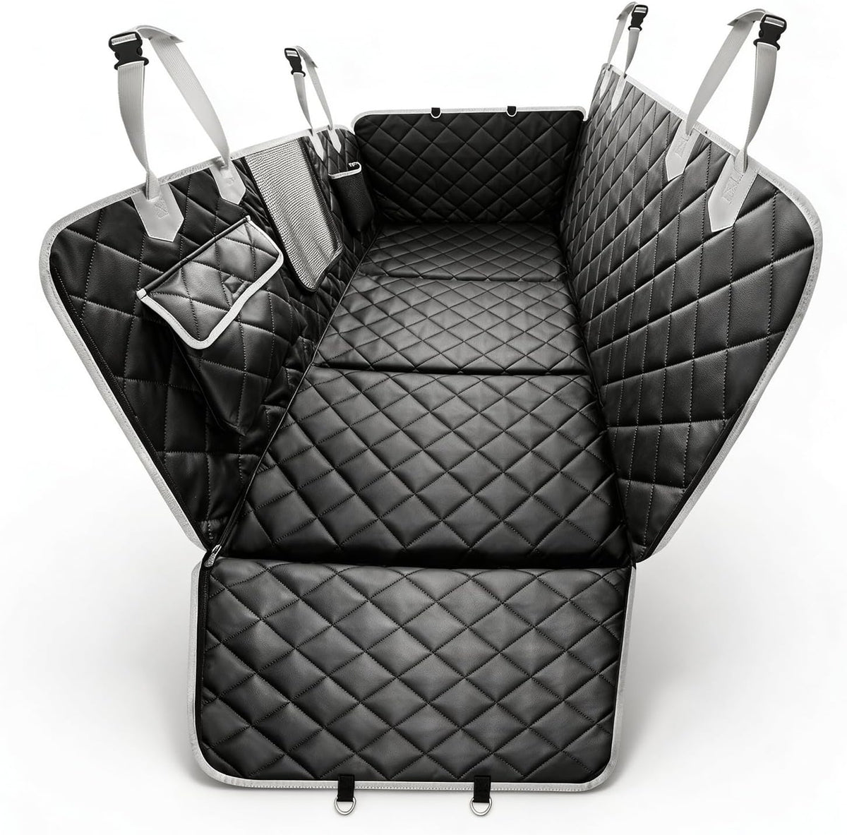 Hard bottom dog back seat extender with mesh window installed in a truck – view 2