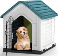 Grey and white plastic dog house with sloped roof and metal door – view 3