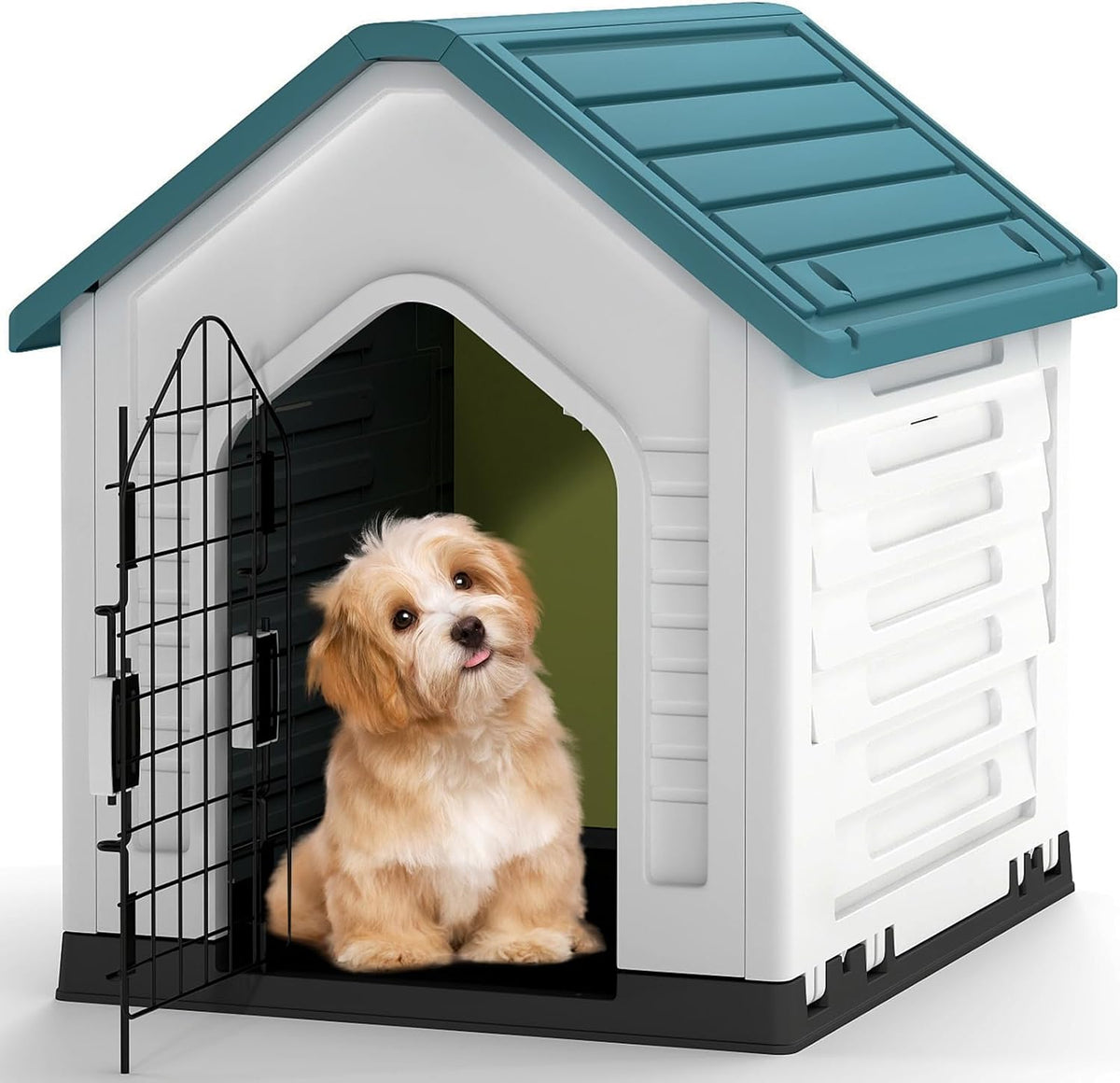 Grey and white plastic dog house with sloped roof and metal door – view 3