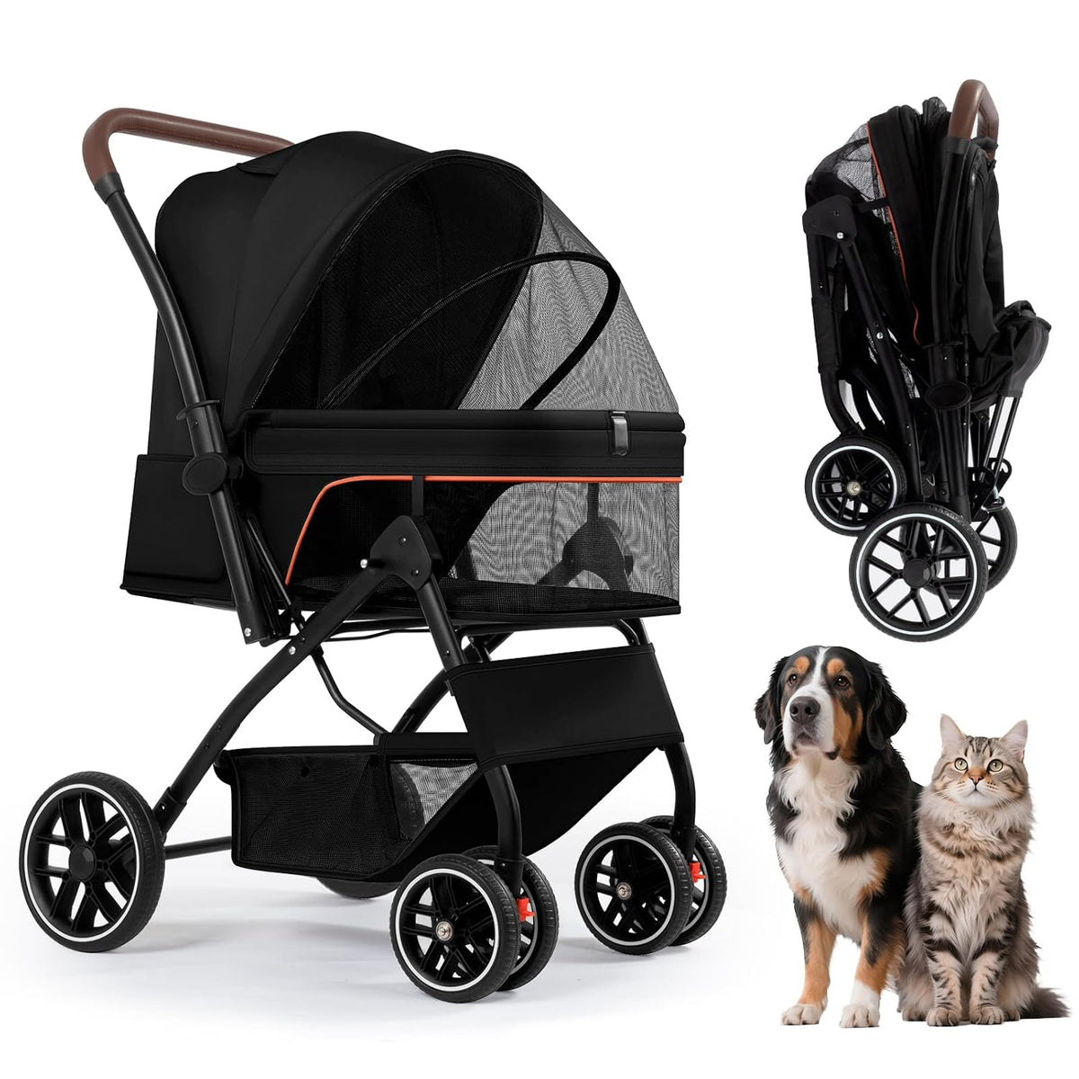 Black one-click folding pet stroller with reversible handle – view 3