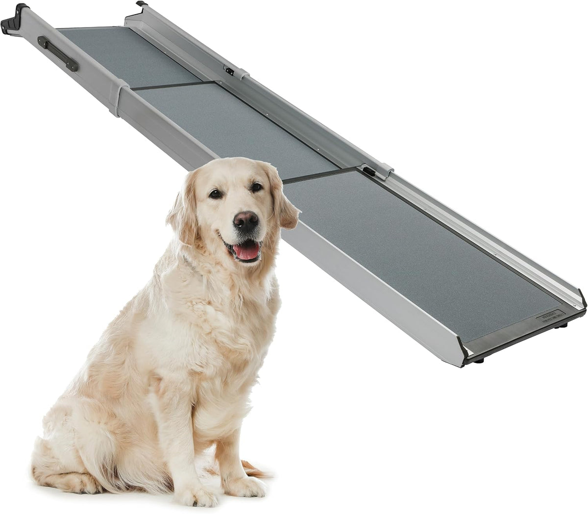 Extended telescoping aluminum dog ramp leading into a pickup truck bed – view 2
