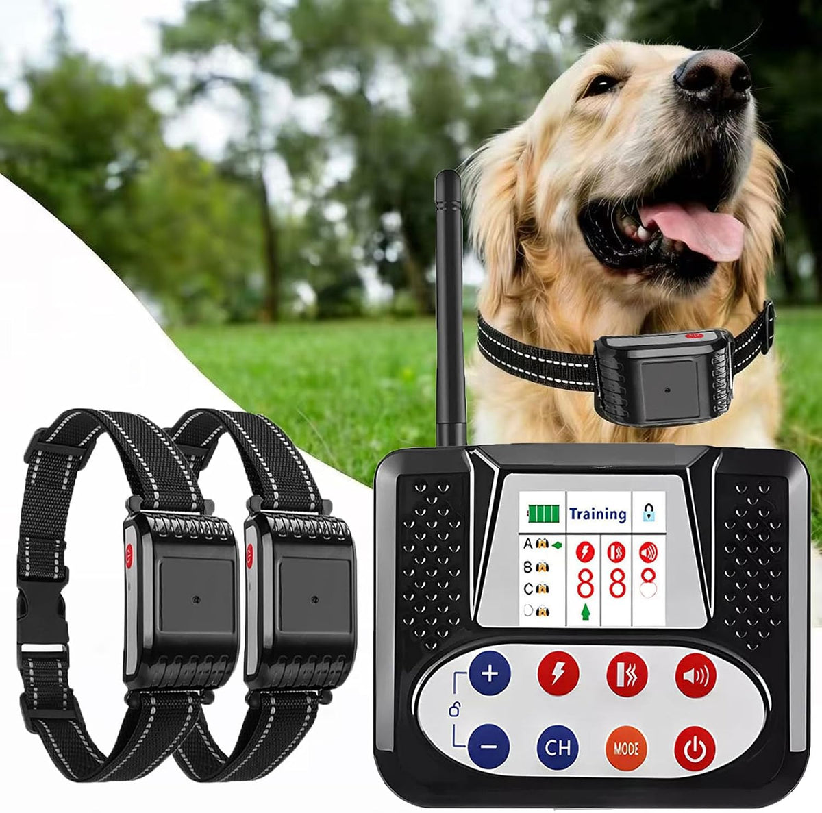 Wireless dog fence transmitter, remote and four waterproof receiver collars – view 4