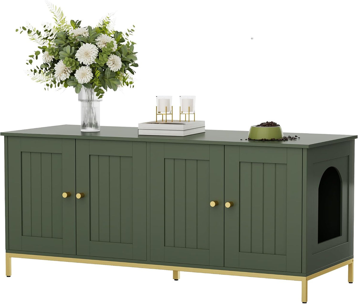 Green and gold double room litter box enclosure TV stand