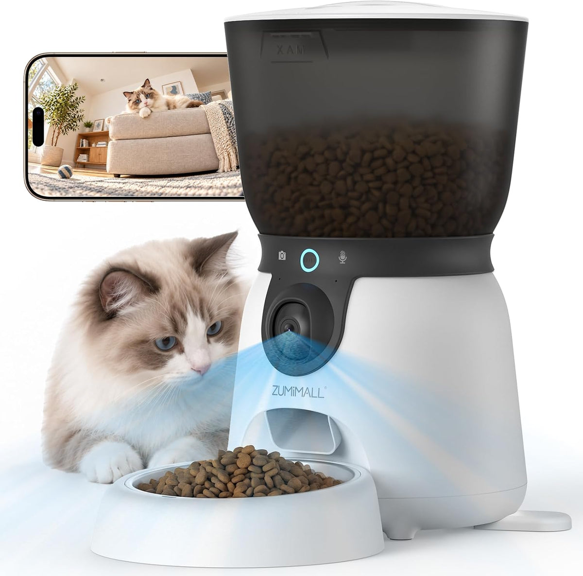 White automatic cat feeder with rotatable camera above the bowl