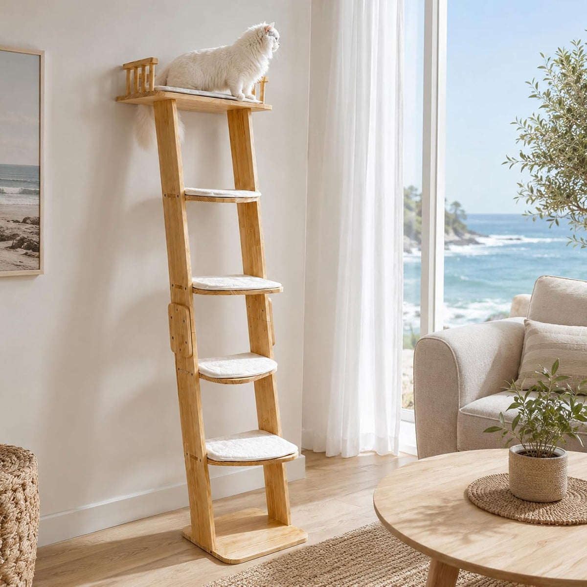 Solid wood leaning ladder cat tower with six levels against a wall
